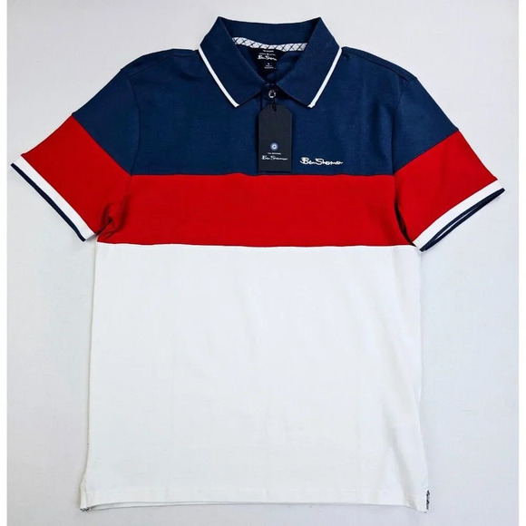 Ben Sherman Size Small Mens Red White Blue Color Block Embroidered Logo S/S Polo - Picture 1 of 11